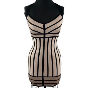 Y2K La Cite Beige Black Stripe Fitted Sexy Club Bodycon Dress XS FLAW